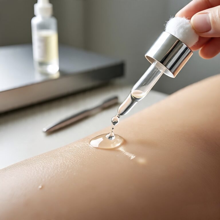 close-up shot of a hand holding a glass dropper filled with a clear chemical exfoliation serum.