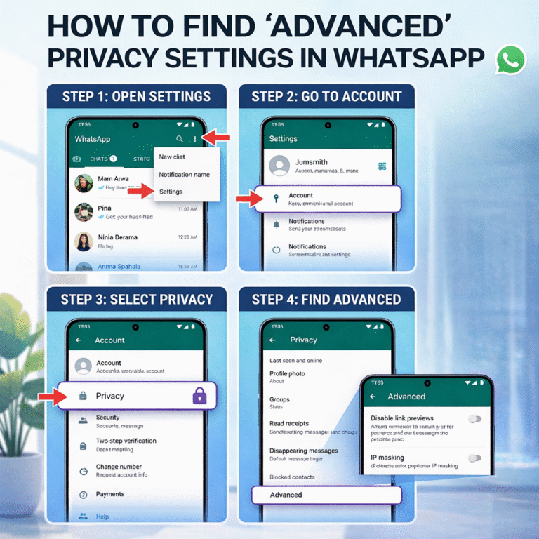 A four-step infographic showing how to find advanced privacy settings in WhatsApp to fix the "whatsapp link preview not showing
