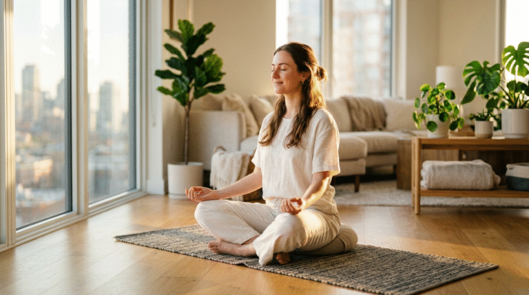 A woman sitting in a lotus pose on a yoga mat during a 10 minute morning meditation in a sunlit living room