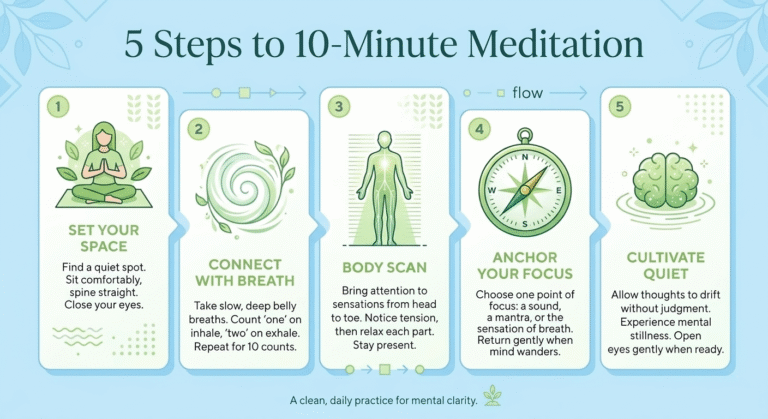 A 10 minute meditation guide infographic showing five steps: set your space, connect with breath, body scan, anchor focus, and cultivate quiet