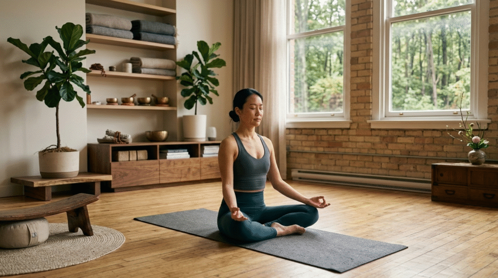 Woman practising yoga meditation in her home