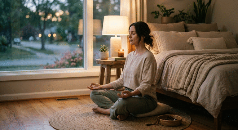 A person practicing a 10 minute sleep meditation by their bed in warm, calm lighting to reduce anxiety