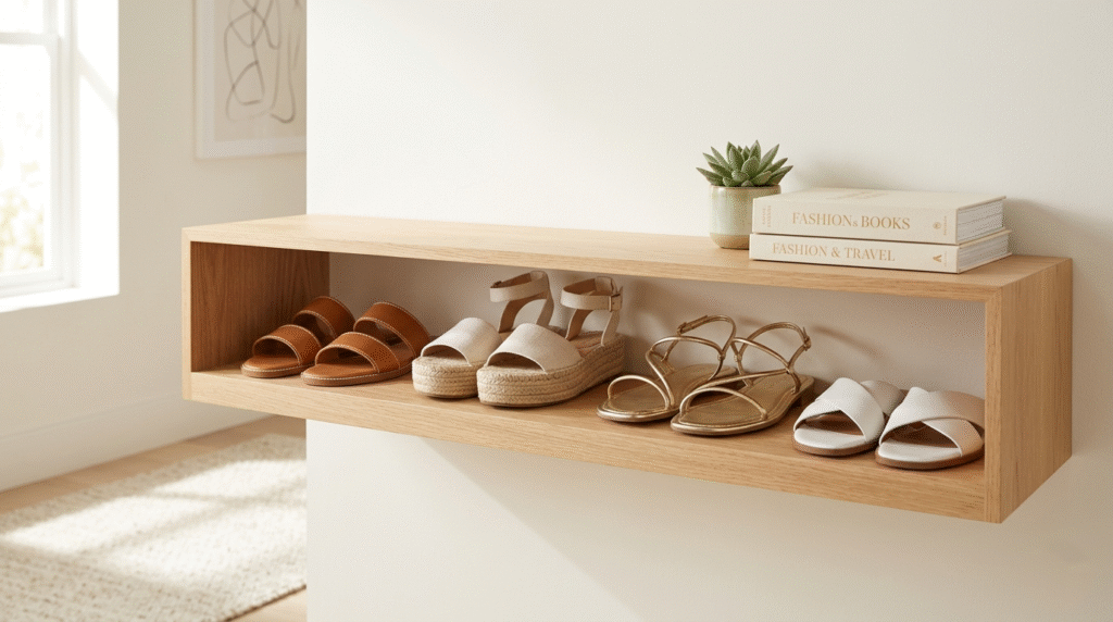 A minimalist display of various summer sandals including leather slides and platforms on a wooden shelf, illustrating a versatile footwear collection for women.