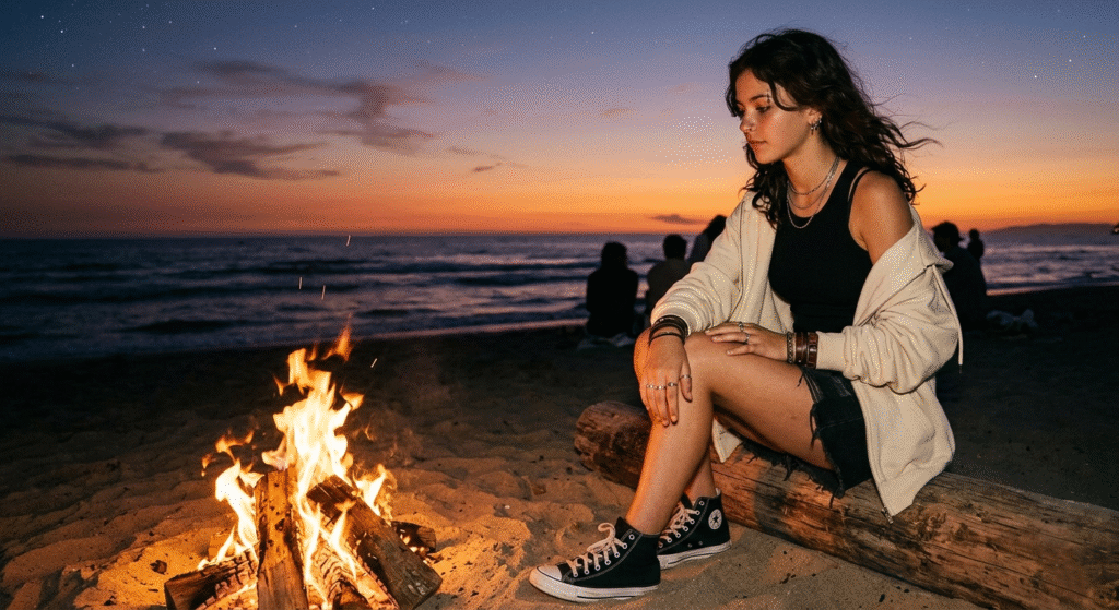 A teen girl at a sunset bonfire wearing a black tank top and a cream zip-up hoodie over her shoulders.