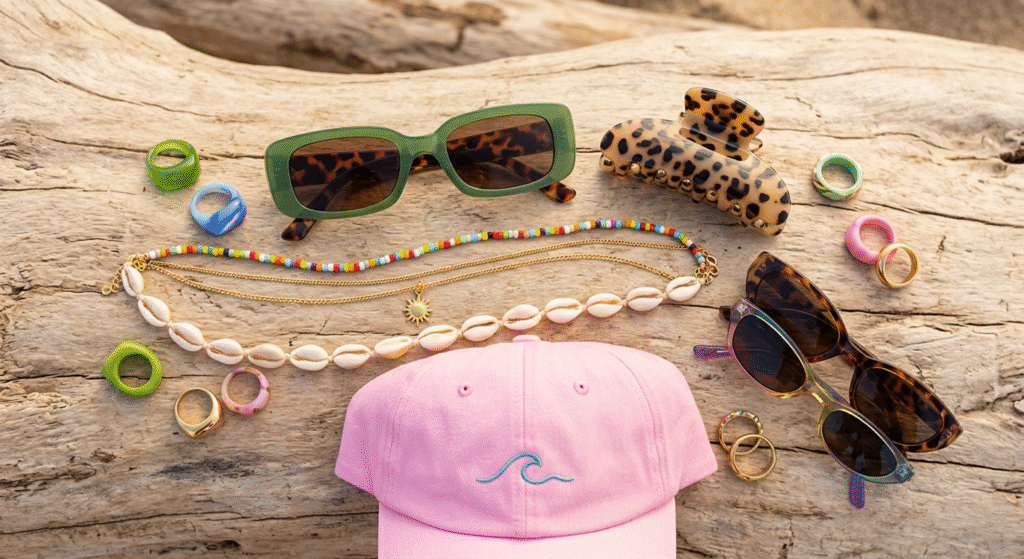 A collection of trendy summer accessories including green rectangular sunglasses, a leopard print claw clip, and beaded necklaces.