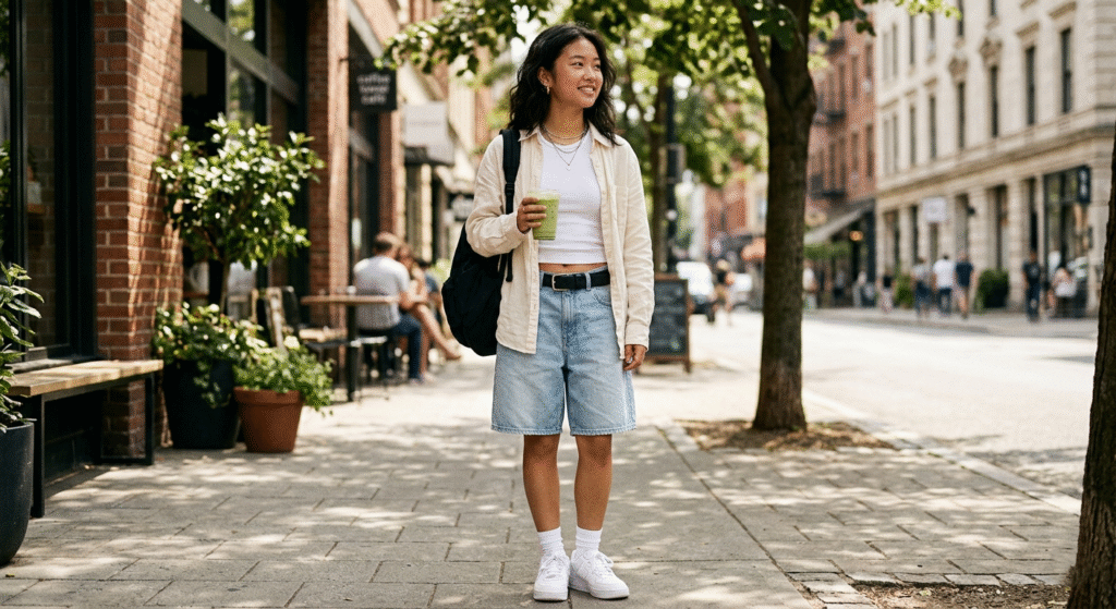 A teenager in light-wash denim shorts and a cream linen shirt holding a green iced drink on a sunny city street.