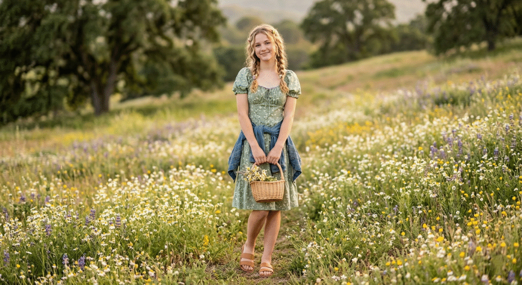 A teenage girl wearing a sage green floral puff-sleeve sun-dress standing in a field of wildflowers.