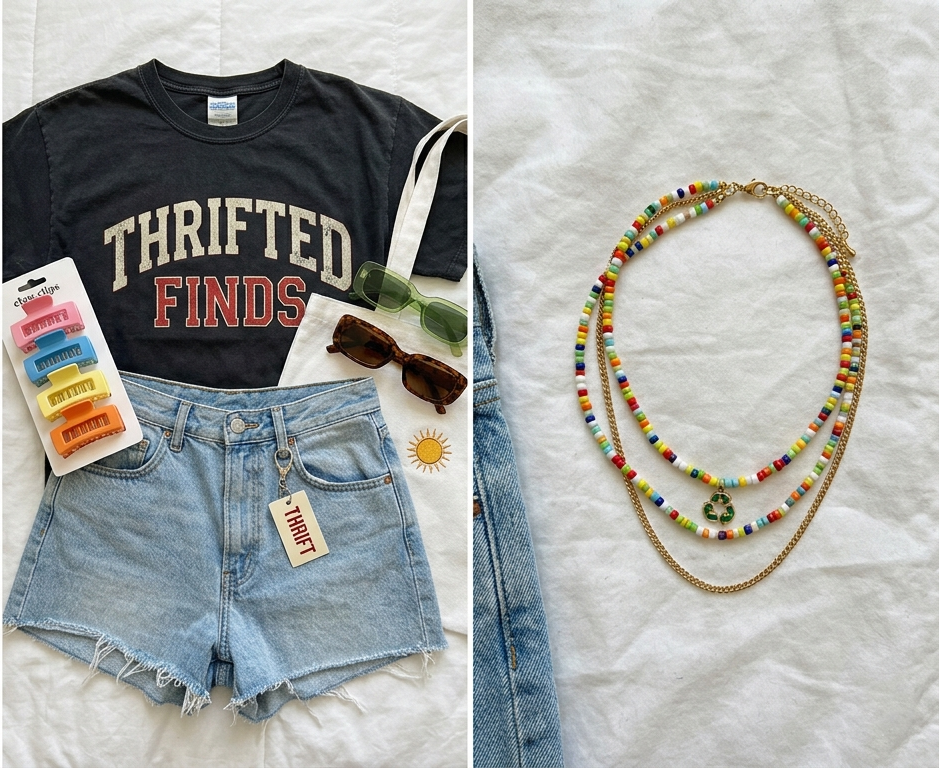 An aesthetic flat lay of thrifted denim shorts, a graphic t-shirt, and colorful hair accessories for a cute summer look.