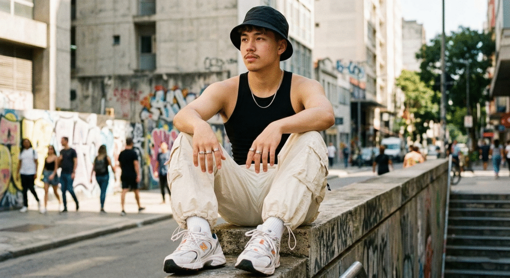 A teenager wearing cream-colored parachute cargo pants, a black tank top, and a black bucket hat in an urban setting.
