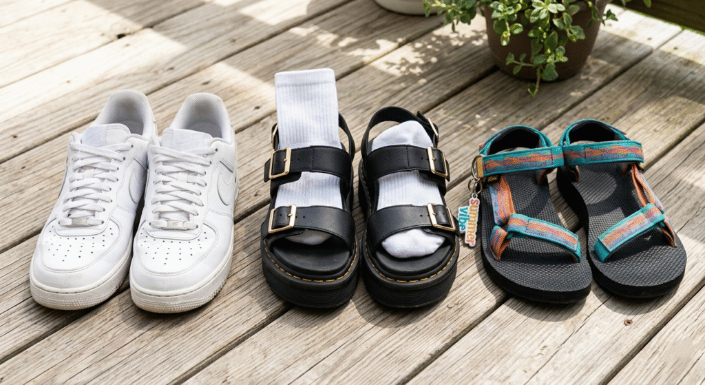 A close-up of white leather sneakers, black platform sandals with socks, and colorful sporty trekking sandals on a wooden deck.