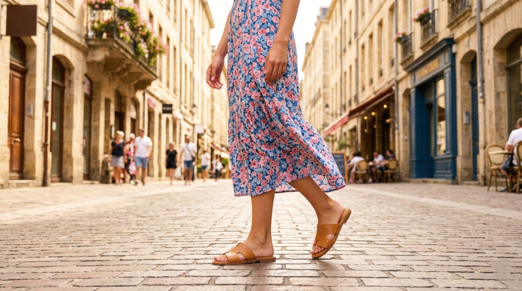 Close-up of a woman in a floral midi dress wearing tan leather slide sandals on a sunny cobblestone street.