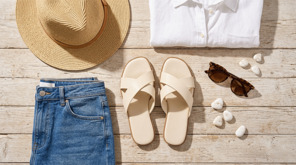 Flat-lay of affordable cream-colored minimalist sandals with denim shorts and a straw hat on a wooden surface.