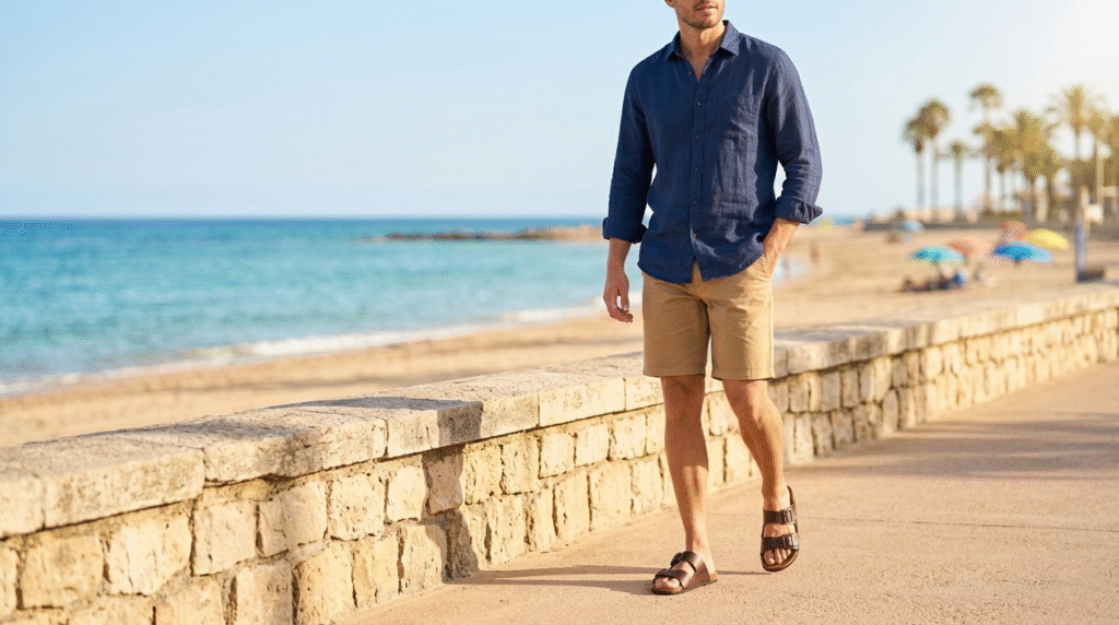 A man in a navy linen shirt and tan shorts wearing dark brown leather double-strap sandals on a beach promenade.