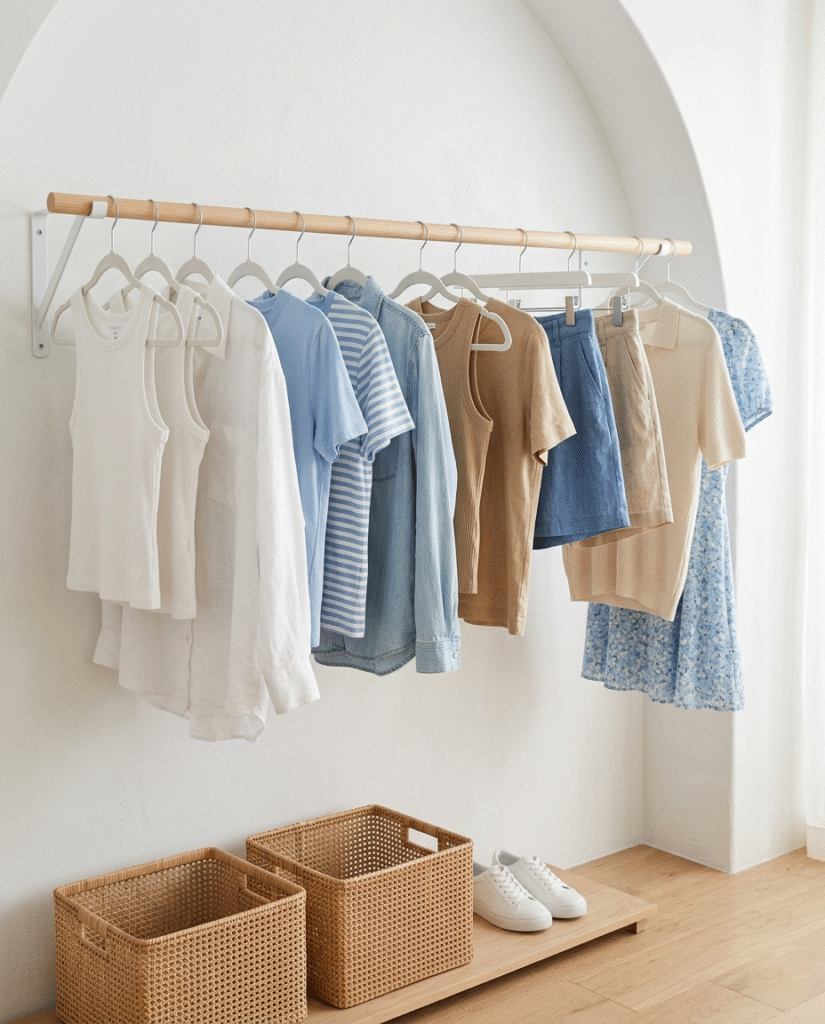 A neatly organized clothing rack displaying a summer capsule wardrobe for teenagers in a cohesive color palette of blue, white, and tan.