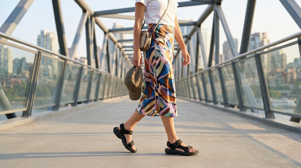A woman walking on a city bridge wearing chunky black sporty sandals with a satin midi skirt and white tee.