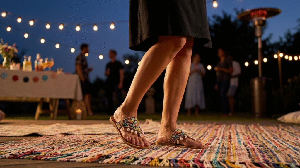 Colorful beaded sandals with seashell accents worn at an outdoor evening party with string lights.