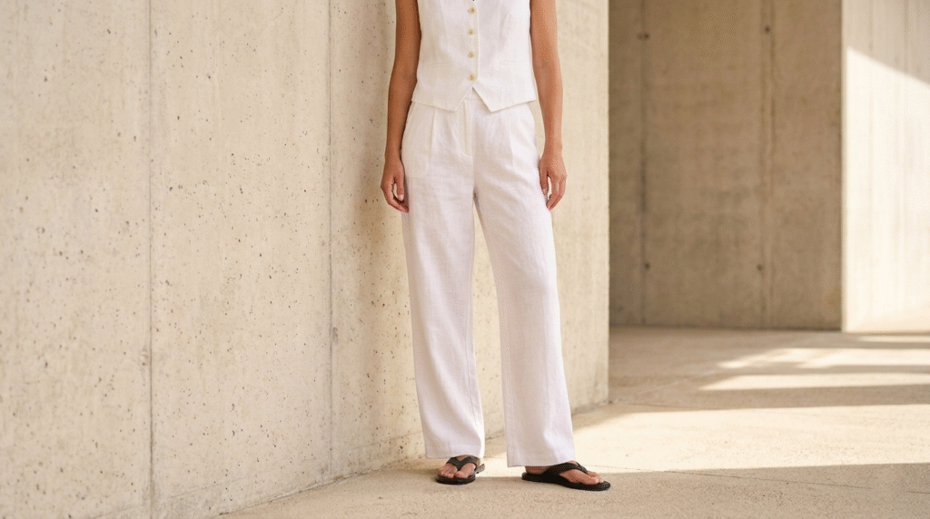 A woman wearing an all-white linen set with sleek black thong sandals for a minimalist monochrome summer look.