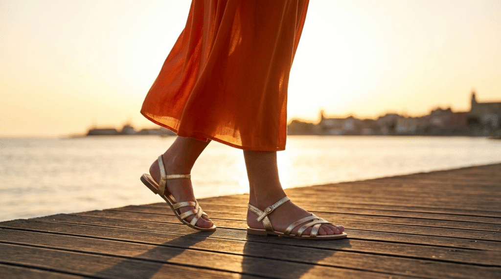 Shimmering gold strappy sandals worn with a flowing orange dress on a boardwalk during a sunset dinner.