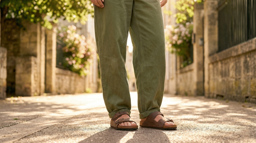 Classic brown two-strap cork-sole sandals paired with oversized olive green linen trousers for a retro trend.