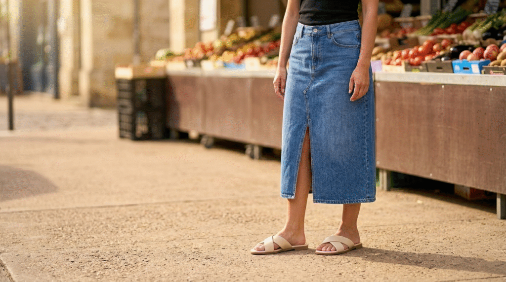 Beige wide-strap crossover sandals paired with a long denim maxi skirt for a casual weekend outfit.