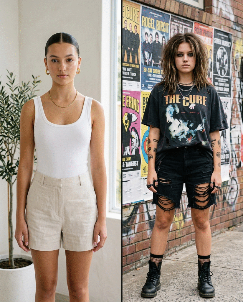 A split-screen comparison of two popular teen styles: a minimalist "Clean Girl" look with a sleek bun and white bodysuit on the left, and a "Summer Grunge" look with a vintage band tee and distressed black denim on the right.
