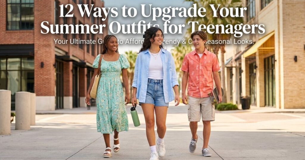 A diverse group of stylish teenagers walking together in a sunny urban shopping district wearing trendy summer outfits