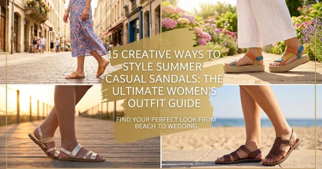 15 different 'sandals outfit ideas summer casual for women' in bright, warm natural daylight.